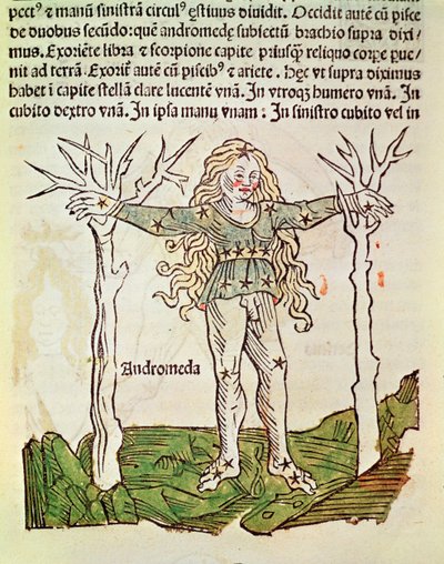 アンドロメダの星座、CJ Hyginusによるヴェネツィアの「Poeticon Astronomicon」からのイラスト、1485年（色付きの木版画） 作： Italian School