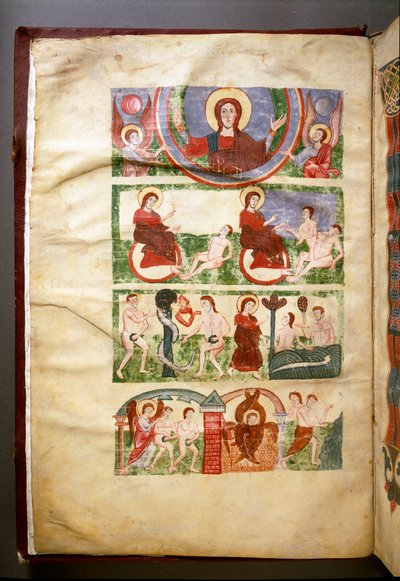 アダムとイブの創造、原罪と楽園からの追放。11世紀から12世紀の写本の表紙。(Ms.1273) ローマ、ビブリオテカ・アンジェリカ 作： Italian School