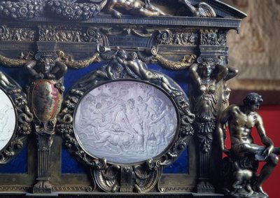 ファルネーゼ・チェスト」バッカスの凱旋を描いた楕円形象嵌の詳細、セバスティアーノ・スバーリ（fl.1548-61）とジョヴァンニ・ベルナルド・ダ・カステル・ボロニェーゼ作 作： Italian School