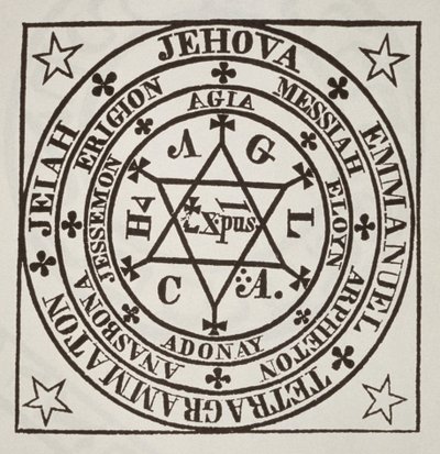 悪魔の喚起のためのアグリッパの大魔法陣、1917年後半に出版された魔法の歴史で使用された、ローマの1744年、レエーブルマジックスデアンリコルネイユアグリッパからのイラストのコピー 作： Italian School