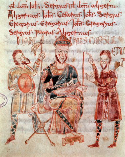ロンバルディア人のナポリ王子ジョヴァンニ（981年頃） ロタリ王が築いたロンバルディア王国の法律を記した「Codex Legum Longobardorum（またはLangobardorum）」のミニチュア。 作： Italian School