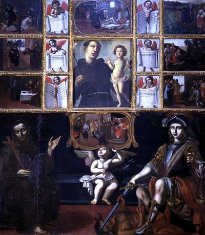 聖アンソニーの奇跡、聖フランシスコと聖ミカエルとともに 作： Italian School
