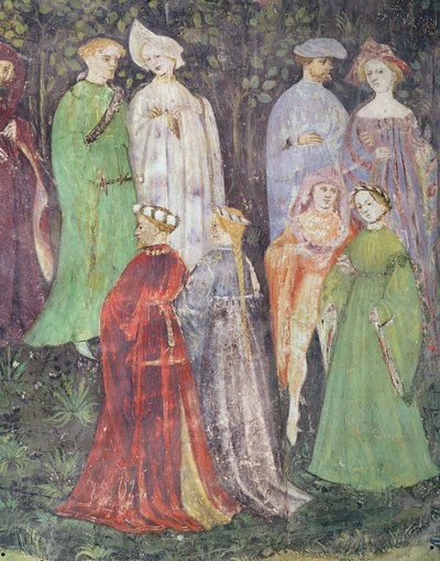 6月、歩く貴族と女性の詳細、1400年頃（フレスコ画） 作： Italian School