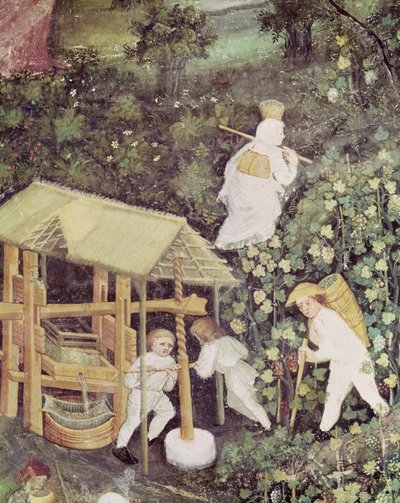 10月、ぶどうを絞るぶどう狩りの詳細、1400年頃（フレスコ画） 作： Italian School