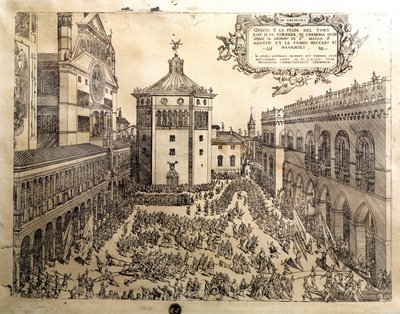イタリアのクレモネ（クレモナ）の大広場にある牡牛座の祝宴。16世紀のクレモナのエングレービング、イタリア市民博物館 作： Italian School