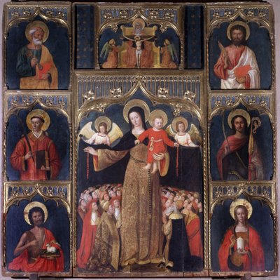 キリストの子を持つ聖母。ロザリオの聖母（聖母）の祭壇画。6人の聖人が聖母を囲んでいます。聖ペテロ、神の子羊を抱く洗礼者聖ヨハネ、聖バルテルミー、聖ステファノ、聖ユリアヌス、聖マリア・マドレーヌです。上には、十字架 作： Italian School