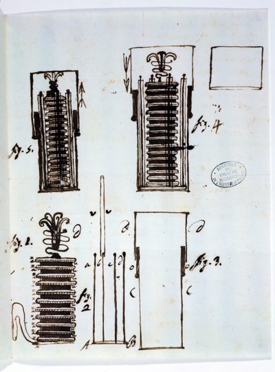 Voltaicパイル（バッテリー）。アレクサンドロボルタ（1745-1827）の手紙からDieudonne Dolomieu（1750-1801）への電気めっき、1801（紙にペンとインク） 作： Italian School
