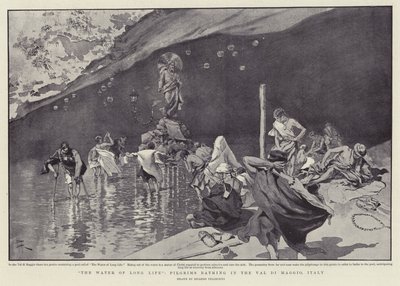 「長寿の水」、ヴァル・ディ・マッジョで沐浴する巡礼者たち（イタリア、リトグラフ） 作： Italian School