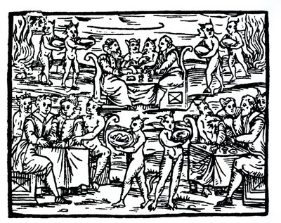魔女の安息日、19世紀後半に出版された歴史の魔法で使用されたFr M Guaccius、ミラノ1608による大要マレティカルムからのイラストのコピー 作： Italian School