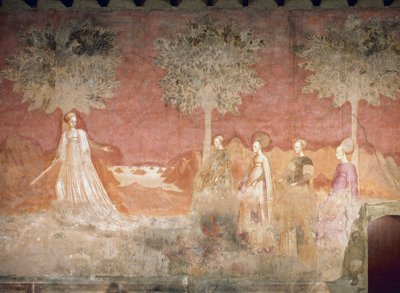 ボール ゲーム、ゲーム サイクルのシーン、1445 ～ 1450 年頃、フレスコ画、パラッツォ ボロメオ、ミラノ、ロンバルディア州、イタリア 作： Italian School
