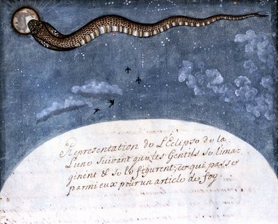 モゴール・インディアンが想像した月食（月を食い荒らす蛇） ページはStefano Nivibus Cardeiraの写本（ms.8300）"History of Mogol" (Moghul or Moghol)から引用。18世紀。ヴェネツィア、ビブロテカ・マルシアナ 作： Italian School