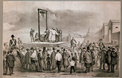 1858年3月13日、パリのロケット広場で1858年1月14日のナポレオン3世襲撃事件を実行したフェリーチェ・オルシーニ（1819 - 1858）とピエリの処刑 19世紀末のリトグラフ。ミラノ リソルジメント博物館 作： Italian School