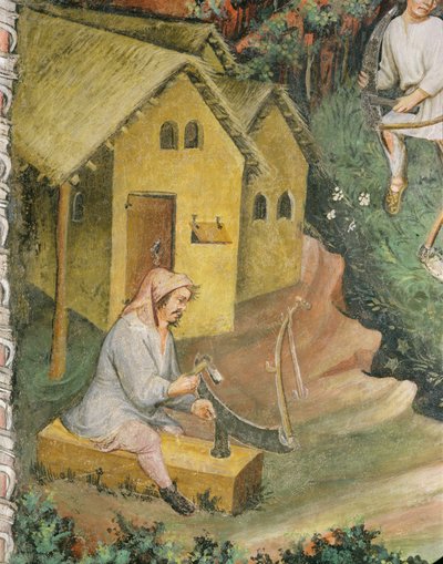 農夫は干し草作りのために大鎌を準備します (フレスコ画) 作： Italian School
