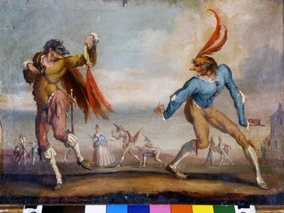 コメディア・デラルテの仮面。ボンバルドーネ隊長とグリッロ隊長。17世紀の無名の絵画。ミラノ、スカラ座美術館。 作： Italian School