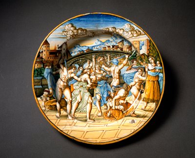 無辜の民の虐殺。イタリア、ウルビーノの工房フォンタナで制作された陶板。1566年頃 フィレンツェ、バルジェッロ美術館 作： Italian School