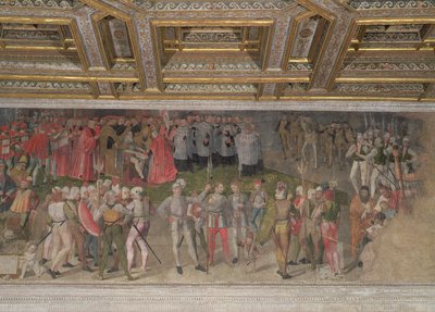 1328年のルイジ・ゴンザガ初代大尉への忠誠の誓い（フレスコ画） 作： Italian School