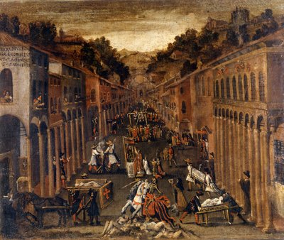 1630年のボローニャの疫病...ボローニャの銀行の財産を描く 作： Italian School