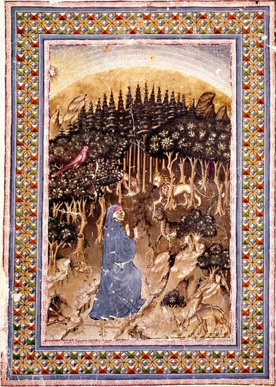 詩人ダンテは暗い森の中に身を置く。ダンテ・アリギエリ(1265-1321)の『神曲』より、地獄の第一歌を描いたページの拡大図。写本Ms.Conv.Soppr.204 作： Italian School