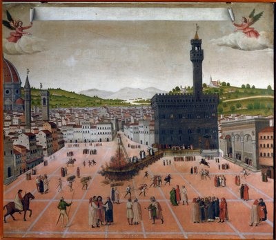 1498年、フィレンツェのシニョリーア広場にあるジローラモ・サヴォナローラの火葬場（絵画） 作： Italian School