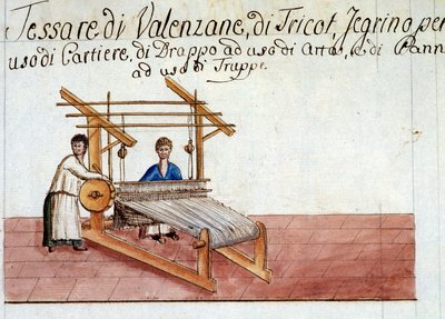 羊毛を織る様子。1807.ミラノ国防総省文書館 作： Italian School