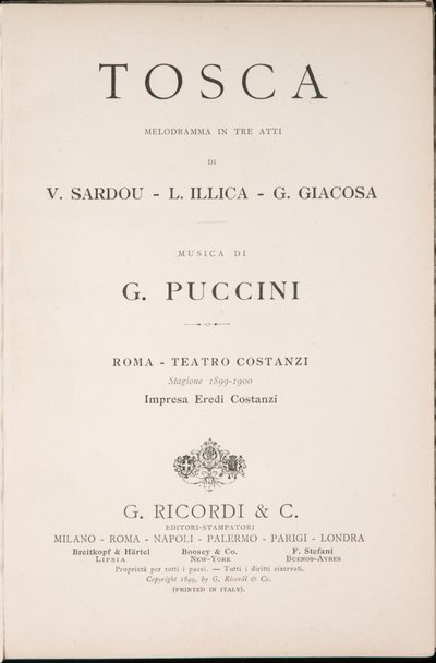 ジャコモ・プッチーニ作「トスカ」のLibretto（タイトルページ）、Edizione Ricordi、イタリア 作： Italian School