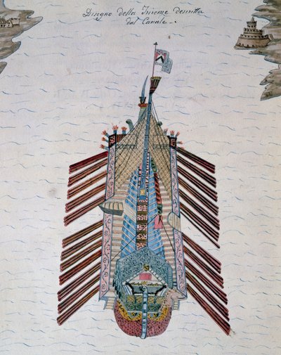 イタリアのクリストフォロ・カナル（1510-1562）の『海上民兵論』に出てくるトリリューム（3本のオールを持つ船）。 作： Italian School