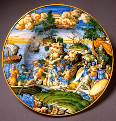 トロイア戦争：ヘレネの拉致。イタリア、ウルビーノで制作された陶板。1550年頃 フィレンツェ、バルジェッロ美術館 - トロイア戦争：ヘレンの拉致。イタリア、ウルビーノで制作された陶板。1550年頃のもの。イタリア・フィレンツェ、バルジェッロ国立博物館 作： Italian School