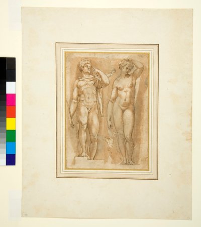 2つのアンティークの神、c.1600（ペンと茶色のインクと茶色のウォッシュ） 作： Italian School
