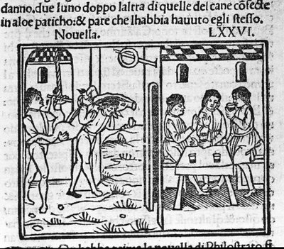 豚を肩に乗せて運ぶ二人の男。イタリアの作家、Giovanni Boccaccio dit Jean Boccaccio (1313-1375)の「デカメロン」のニュース76（8日目の新6）の挿絵。ヴェネツィア、バルトロメオ・デの『デカメロン』のエングレーヴィング。 作： Italian School