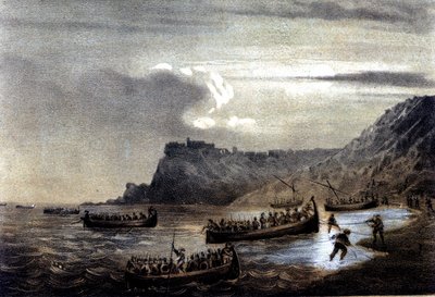 イタリア統一：ジュゼッペ・ガリバルディ（1807-1882）率いる「千人隊」または「赤シャツ隊」の遠征。ガリバルディの第一艦隊がカラブリアに向けてステラ砦を出発する様子。19世紀のリトグラフ 作： Italian School