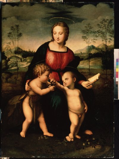 男の子として洗礼者ヨハネと聖母子。 無名の絵画、16世紀後半（1550～1600年頃）のイタリア派。 マニエリスム。 ミハイル・クロシツキー美術館、セヴァストポリ（セヴァストポリ） 作： Italian School