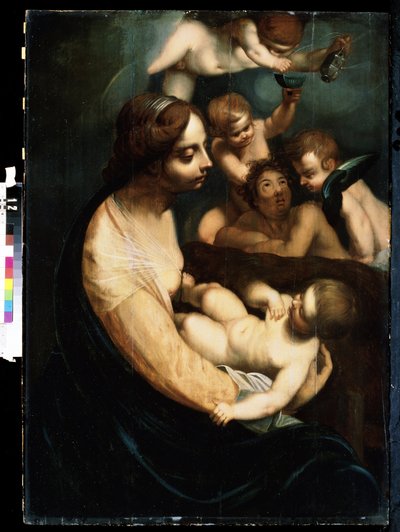 「マドンナと子供と天使」（聖母子と天使） 17世紀初頭のイタリア絵画。 Mikhail Kroshitsky Art Museum、セヴァストポリ (セヴァストポリ) ウクライナ 作： Italian School