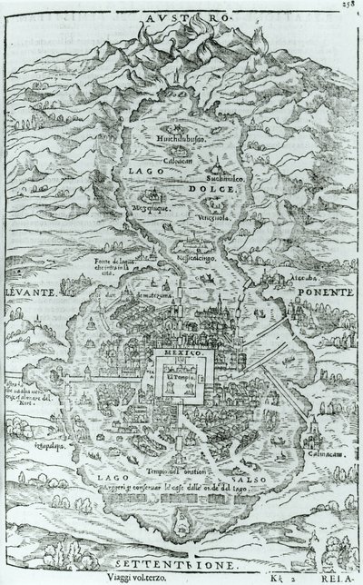 ヴェネツィア1606年に出版されたGiovanni Battista Ramusio（1485-1557）によるRelatione della Citta del Temistitanからのアステカの都市テノチティトランの北からの眺め 作： Italian School