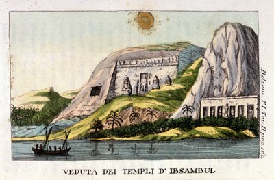 アブシンベル神殿の眺め。作者のジョバンニ・バッティスタ（Gianbattista）・ベルゾーニ（1778-1823）は、イタリアの探検家・考古学者で、エジプトで重要な考古学的発見をしている。エングレービング-ベルゾーニ著「Viaggio in Egitto e in Nubia」（ミラノ）所収 作： Italian School