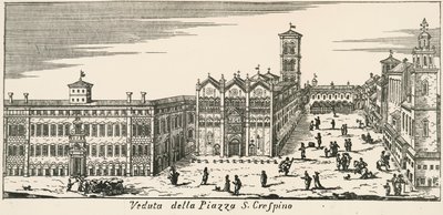 サン・クリスピーノ広場とフェラーラ大聖堂の眺め、彫刻、イタリア 作： Italian School