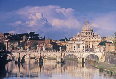 テベレ川を渡るサンアンジェロ橋とセントピーターズの眺め 作： Italian School