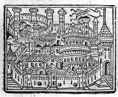 イタリアのアオスタの街の風景。ヴェネツィア、フラ・ヤコポ・フィリッポ・フォレスティの「Supplemento alle cronache」に描かれた版画 作： Italian School