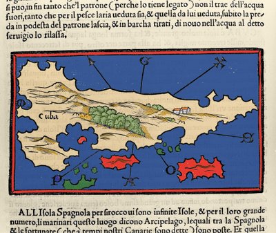 キューバ島の眺め。ベネデット・ボルドーネのIsolario（島々の地図）。ベニス 1547年 作： Italian School