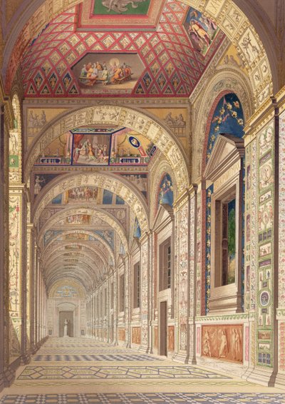 1814年にルーズリーフとして公開されたDelle Loggie di Rafaele nel Vaticanoのラファエルの装飾が施されたバチカンの2階のロッジアの眺め（手書きの彫刻） 作： Italian School