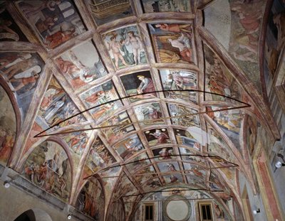 旧約聖書と新約聖書のフレスコ画で飾られたアーチ型の部屋の様子 作： Italian School