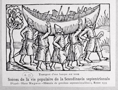 1555年にローマで出版されたオラウスマグナス（1490〜1558年）による北方民族の歴史からの、ロシアへのボートを運ぶバイキング 作： Italian School