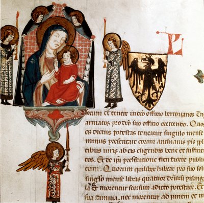 聖母子のディテール。ミニチュアは、"Breve Populi et Compagniarum Pisani Communis"（ピサ市の法令）1300-1308 Pisa archivio di statoより引用。 作： Italian School