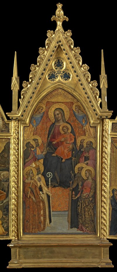 8人の聖人と一緒に即位した聖母子（中央のパネル）、c.1330-70（パネルのテンペラ） 作： Italian School