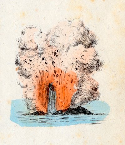 エオリア諸島の火山が噴火し、大量のガスと灰による爆発を伴う溶岩の噴出、リソグラフィ コルベッタ、ミラノ 作： Italian School
