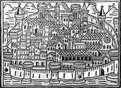 ジャコモフィリッポフォレスティ作、クロニコルムの城壁に囲まれた都市、1506年 作： Italian School