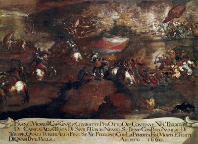 カンディア（クレタ島）の戦争：。"Battle of Chania led by Francesco Morosini (1619-1694) in August 1660" (クレタ島戦争(1645-69): the assault of Canea led by Francesco Morosini in august 1660)ヴェネツィア派の絵画 作： Italian School