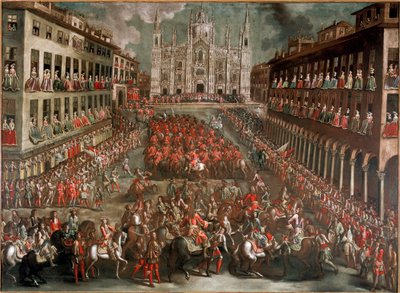 スペイン継承戦争。"1706年9月24日のトリノの戦いの後、勝利した軍の先頭に立ったエウジェニオ・ディ・サヴォイア王子（1663-1736）のミラノ入城を祝うために組織された祝祭"（勝利者のためにミラノのドゥオモ広場で行われた祝祭 作： Italian School