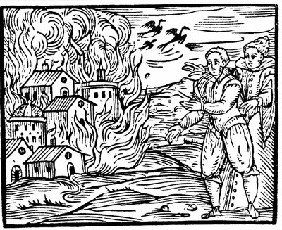 魔女が家を火事で破壊した、1533年のシュヴァーベン、フランチェスコマリアグアッツォ作の大将マレフィカルムの挿絵、1608 作： Italian School