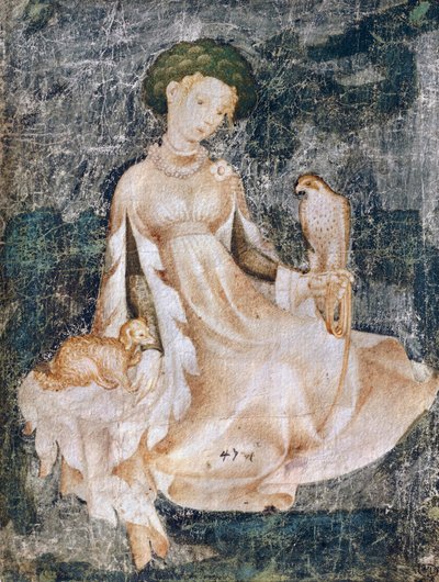 女, モデル, 上に, 地面, ∥で∥, 犬, そして, ハヤブサ, 水彩画, 図画, フランス 作： Italian School
