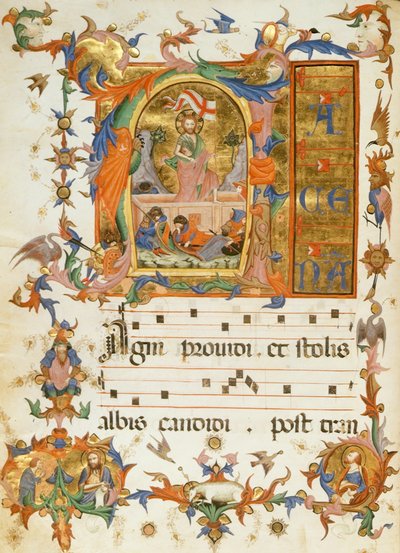f.80v 復活、「聖救世主修道院の賛美歌集」より、シエナ 1415 年 (ベラム) 作： Italian School